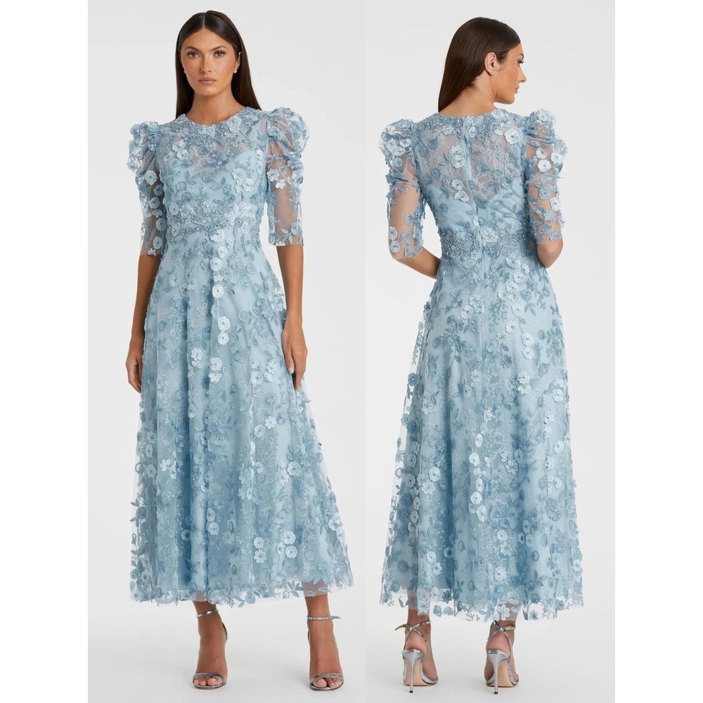 NWT Mac Duggal Blue Applique High Neck Puff Sleeve A Line Dress $598 - Size 14